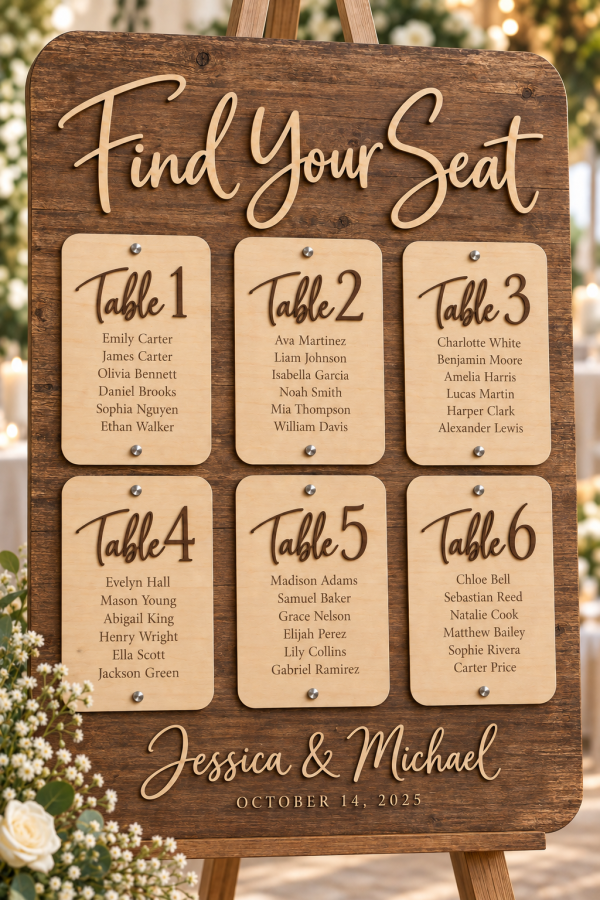 Personalized wood wedding seating chart with engraved guest names and table numbers