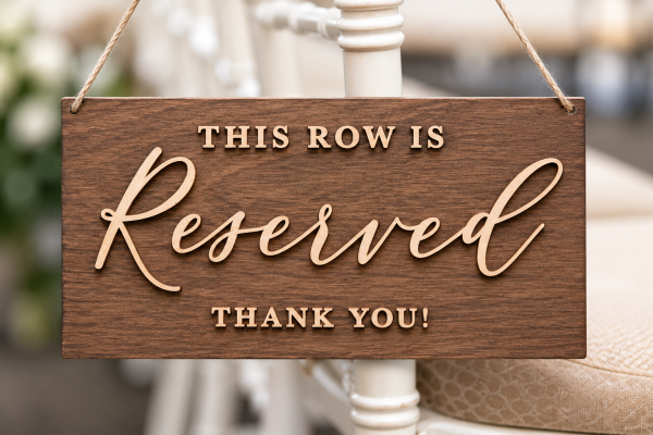 Close-up of rustic wood reserved row wedding chair sign