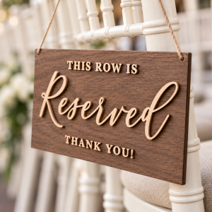 Rustic wood reserved wedding chair sign with natural 3D lettering