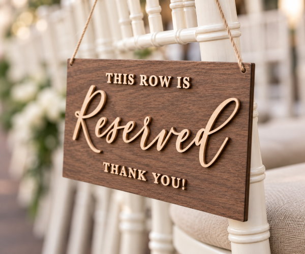 Rustic wood reserved wedding chair sign with natural 3D lettering