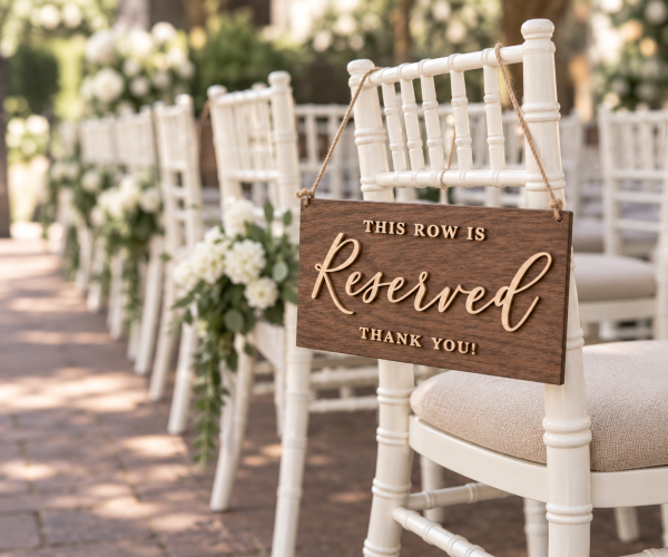 Rustic reserved wedding sign hanging on a white ceremony chair