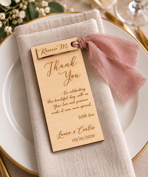Engraved wooden wedding thank you place cards with personalized guest names and ribbon