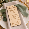 Personalized wooden wedding thank you place card with guest name tag and silk ribbon
