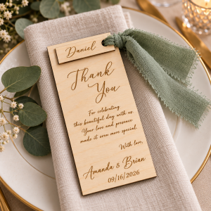 Personalized wooden wedding thank you place card with guest name tag and silk ribbon
