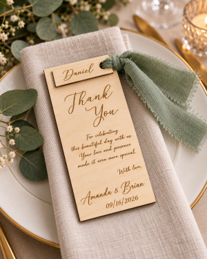 Personalized wooden wedding thank you place card with guest name tag and silk ribbon