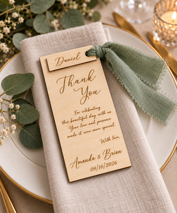 Personalized wooden wedding thank you place card with guest name tag and silk ribbon