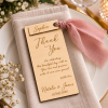 Personalized wooden wedding place card with engraved thank you note and silk ribbon