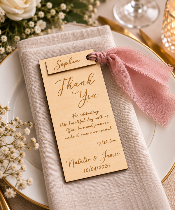 Personalized wooden wedding place card with engraved thank you note and silk ribbon