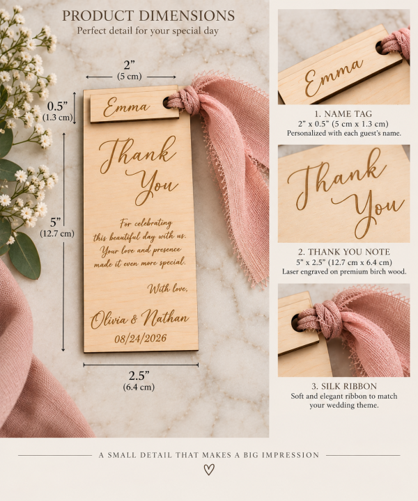 Wooden wedding thank you place card dimensions with personalized guest name tag