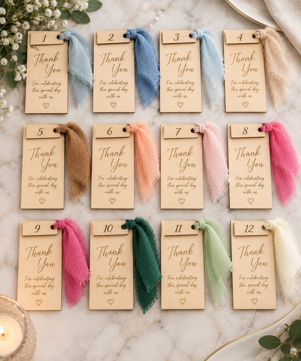 Silk ribbon color options for personalized wooden wedding place cards