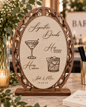 Personalized walnut finish wooden signature drinks wedding bar menu sign with laser cut floral frame