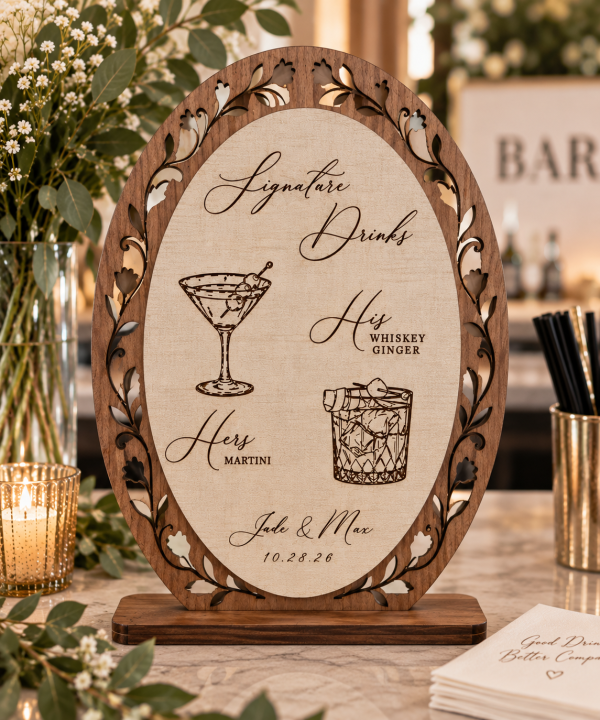 Personalized walnut finish wooden signature drinks wedding bar menu sign with laser cut floral frame