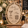 Personalized natural wood signature drinks wedding bar menu sign with laser cut floral frame
