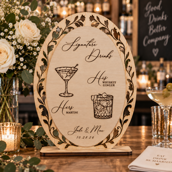 Personalized natural wood signature drinks wedding bar menu sign with laser cut floral frame