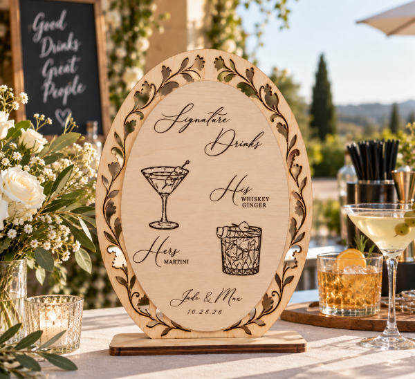 Natural wood personalized signature drinks wedding sign displayed at an outdoor wedding bar