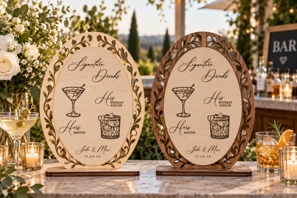 Natural and walnut finish personalized wooden signature drinks wedding bar menu signs