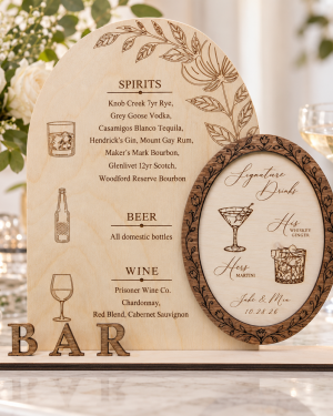 Personalized wooden wedding bar menu sign with engraved signature drinks display and BAR base