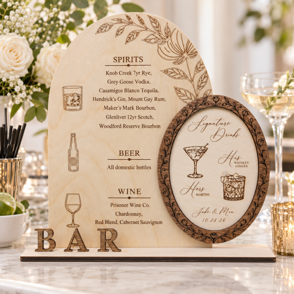 Personalized wooden wedding bar menu sign with engraved signature drinks display and BAR base