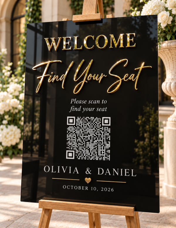 ChatGPT Image Sep 23, 2026, 11_17_57 PM Personalized 3D Acrylic Wedding QR Code Seating Sign – Find Your Seat