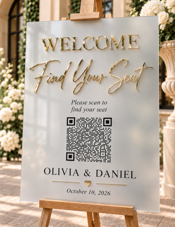 ChatGPT Image Sep 24, 2026, 05_48_13 PM Black acrylic wedding QR code seating sign with raised 3D gold mirror lettering