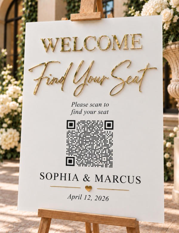 ChatGPT Image Sep 24, 2026, 05_50_26 PM Frosted acrylic wedding QR code seating sign with raised 3D gold mirror lettering