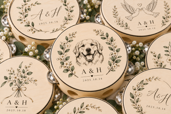Personalized Wedding Tambourines, Custom 4-Inch Wooden Party Favors.