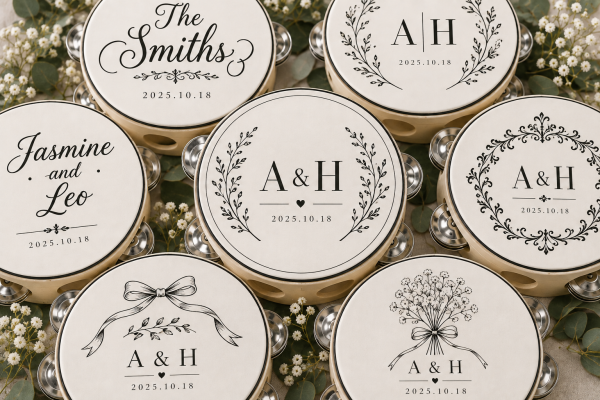 Personalized Wedding Tambourines, Custom 4-Inch Wooden Party Favors.