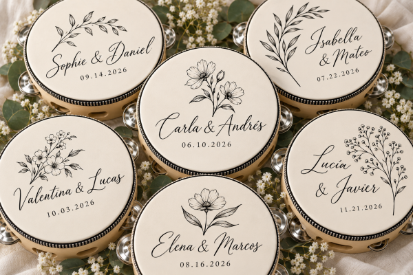 Personalized Wedding Tambourines, Custom 4-Inch Wooden Party Favors.