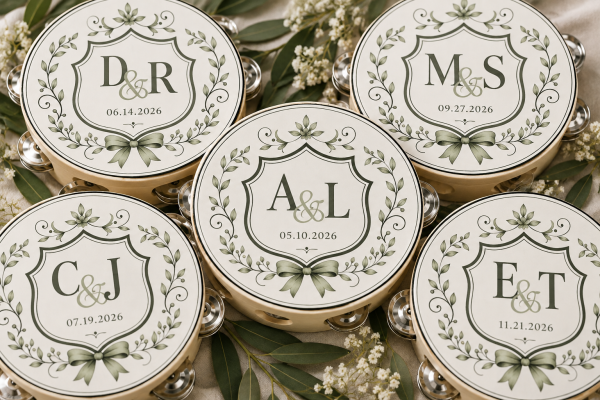 Personalized Wedding Tambourines, Custom 4-Inch Wooden Party Favors.