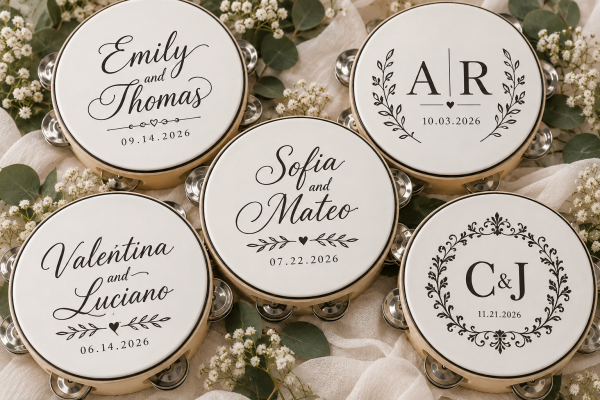 Personalized Wedding Tambourines, Custom 4-Inch Wooden Party Favors.