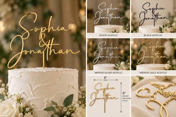 ChatGPT Image Sep 24, 2026, 10_08_20 PM Personalized mirror silver acrylic wedding cake topper with custom names
