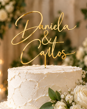 Personalized mirror gold acrylic wedding cake topper with custom couple names