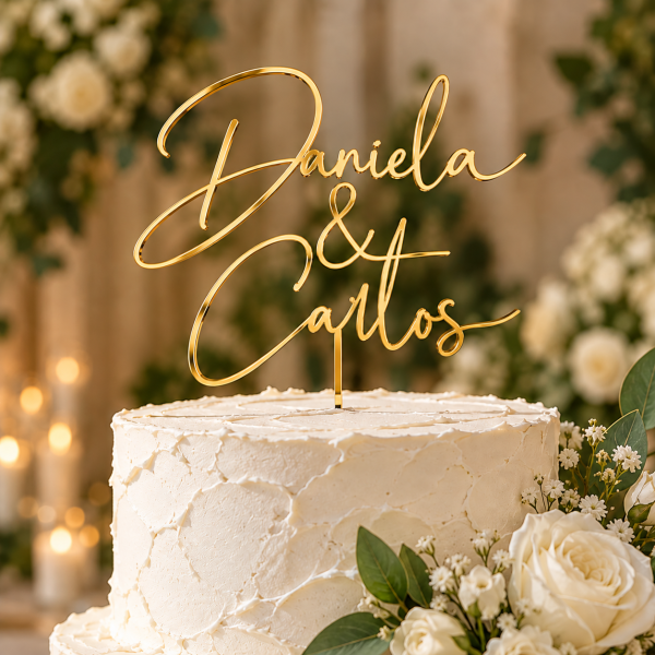 ChatGPT Image Sep 24, 2026, 10_09_44 PM Personalized mirror gold acrylic wedding cake topper with custom couple names