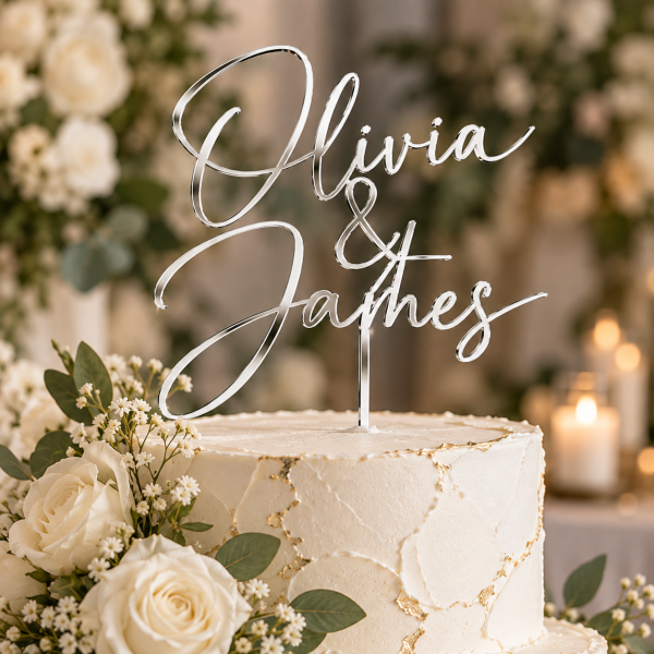 ChatGPT Image Sep 24, 2026, 10_11_55 PM Personalized white acrylic wedding cake topper with custom couple names