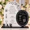 Personalized acrylic wedding bar menu with white arch black signature drinks oval and BAR lettering