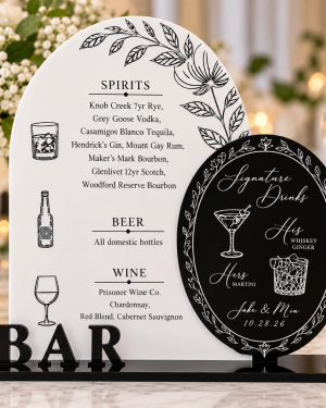 Personalized acrylic wedding bar menu with white arch black signature drinks oval and BAR lettering