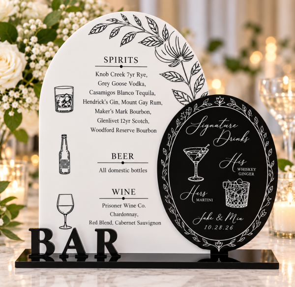 Personalized acrylic wedding bar menu with white arch black signature drinks oval and BAR lettering