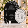 Personalized acrylic wedding bar menu with black arch white signature drinks oval and BAR lettering