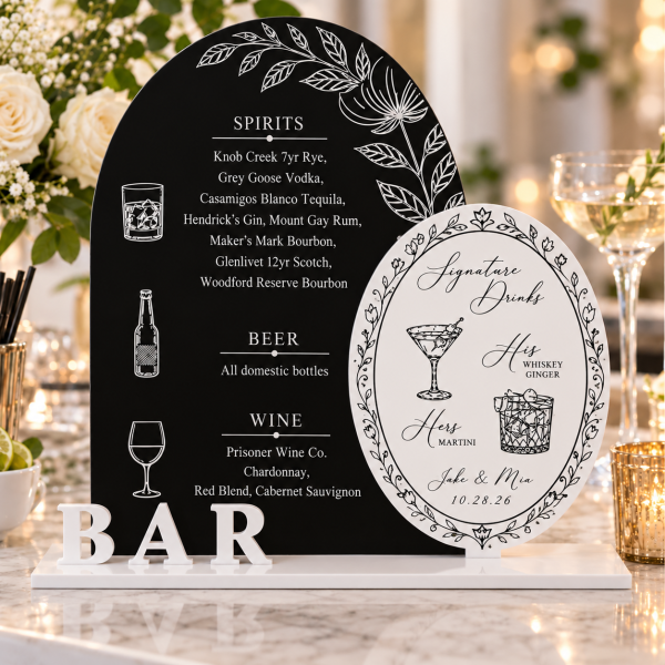 Personalized acrylic wedding bar menu with black arch white signature drinks oval and BAR lettering