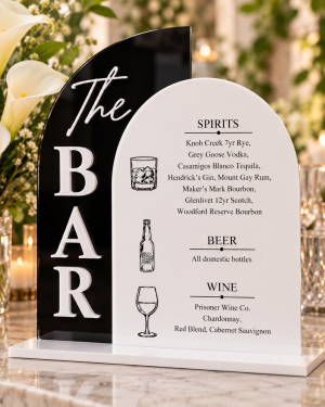 Personalized acrylic wedding bar menu with black The BAR panel and white drink menu