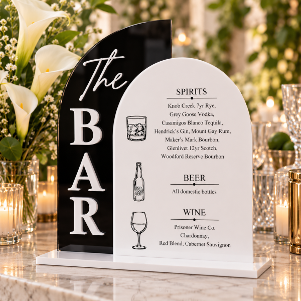 ChatGPT Image Sep 25, 2026, 03_24_39 PM Personalized acrylic wedding bar menu with black The BAR panel and white drink menu