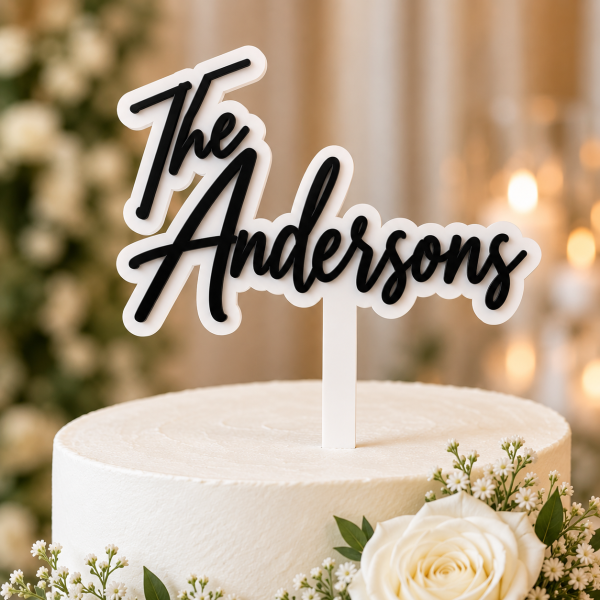 Personalized 3D acrylic wedding cake topper with white base and black last name lettering