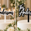 Custom two-layer acrylic wedding cake topper with personalized last name in raised 3D script