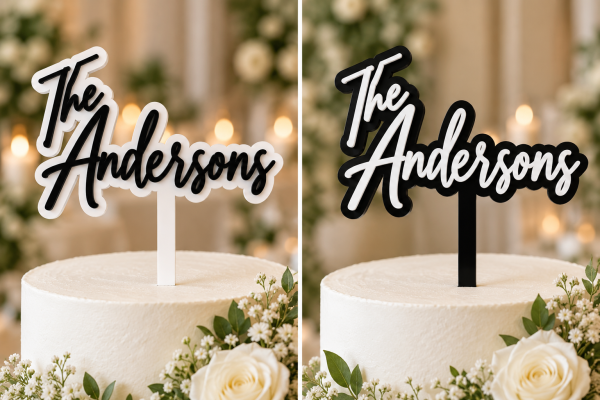 Custom two-layer acrylic wedding cake topper with personalized last name in raised 3D script