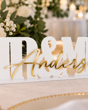 Personalized white acrylic MR and MRS wedding sign with gold mirror last name lettering