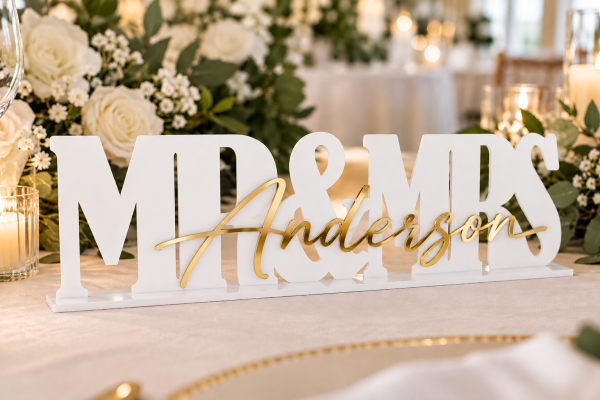 ChatGPT Image Sep 25, 2026, 12_51_34 PM Personalized white acrylic MR and MRS wedding sign with gold mirror last name lettering