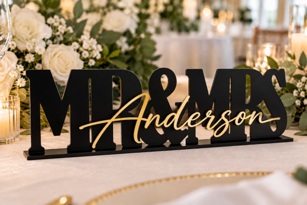 ChatGPT Image Sep 25, 2026, 12_52_31 PM Personalized black acrylic MR and MRS wedding sign with gold mirror last name lettering