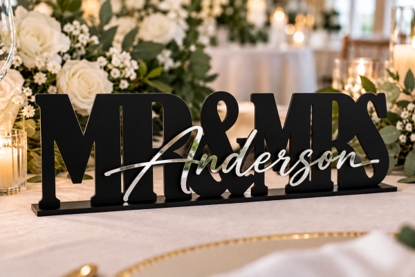 ChatGPT Image Sep 25, 2026, 12_53_44 PM Personalized black acrylic MR and MRS wedding sign with silver mirror last name lettering
