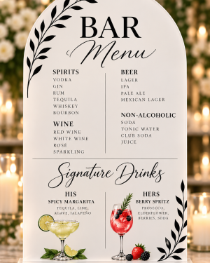 Personalized acrylic wedding bar menu and signature drinks sign