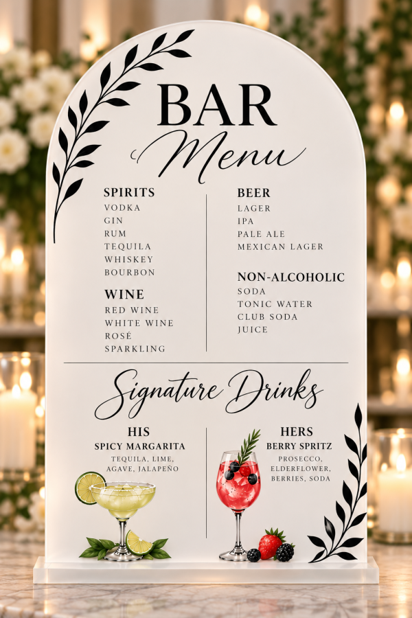 Personalized acrylic wedding bar menu and signature drinks sign